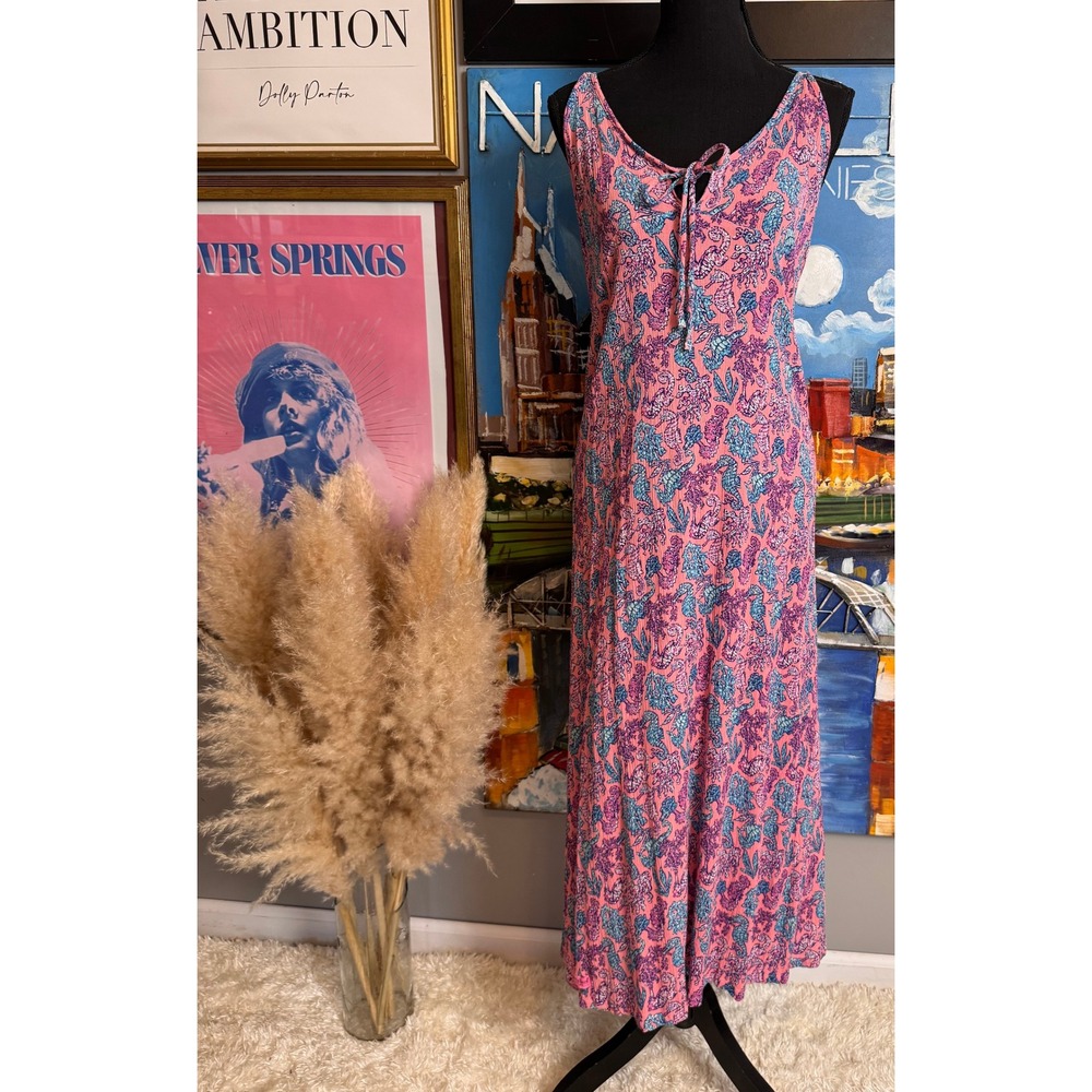 Simply Southern Pink Blue Seahorse Print Cotton Crinkle Gauze Maxi Dress Medium